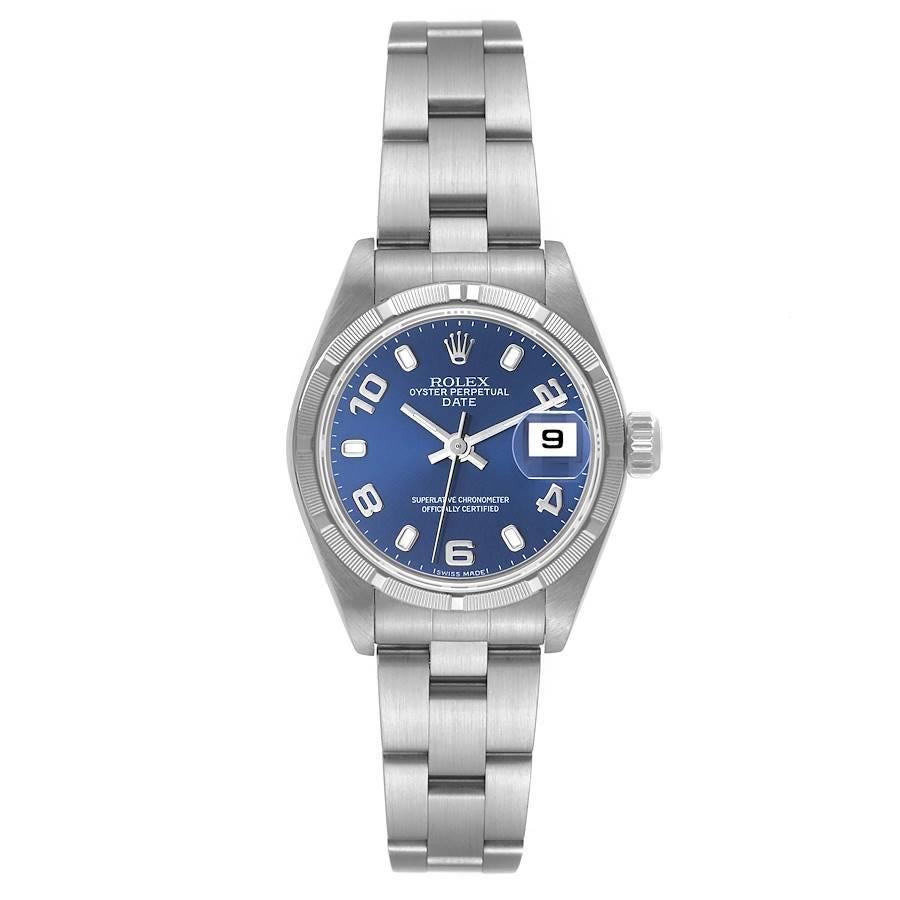Rolex Date 26 Stainless Steel Blue Dial Ladies Watch 79190. Officially certified chronometer self-winding movement. Stainless steel oyster case 25.0 mm in diameter. Rolex logo on a crown. Stainless steel engine turned bezel. Scratch resistant