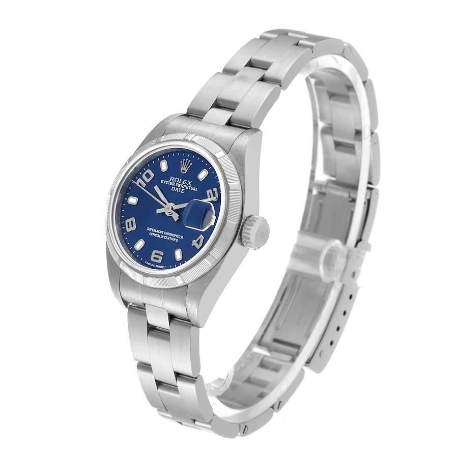 Rolex Date 26 Stainless Steel Blue Dial Ladies Watch 79190 In Excellent Condition In Atlanta, GA