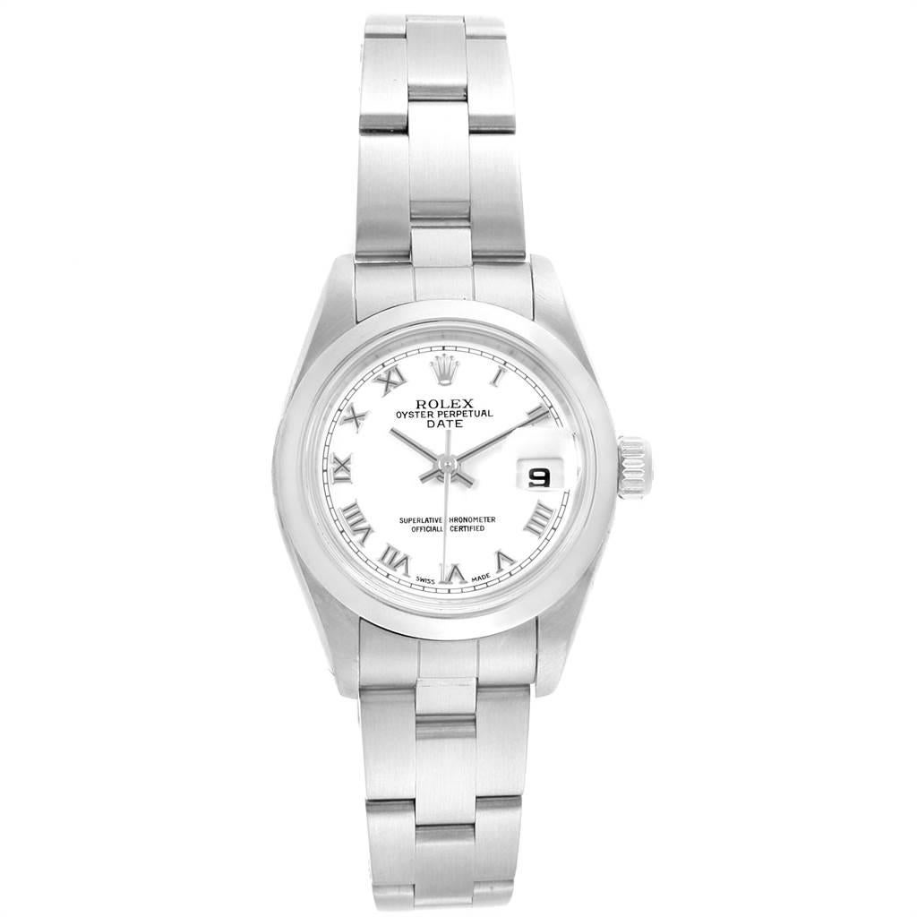 Rolex Date 26 White Dial Domed Bezel Steel Ladies Watch 79160. Officially certified chronometer self-winding movement. Stainless steel oyster case 26 mm in diameter. Rolex logo on a crown. Stainless steel smooth bezel. Scratch resistant sapphire