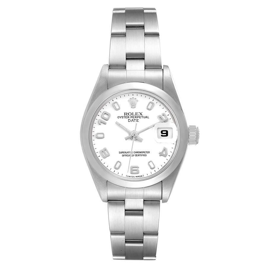 Rolex Date 26 White Dial Smooth Bezel Steel Ladies Watch 79160. Officially certified chronometer automatic self-winding movement. Stainless steel oyster case 26 mm in diameter. Rolex logo on the crown. Stainless steel smooth bezel. Scratch resistant