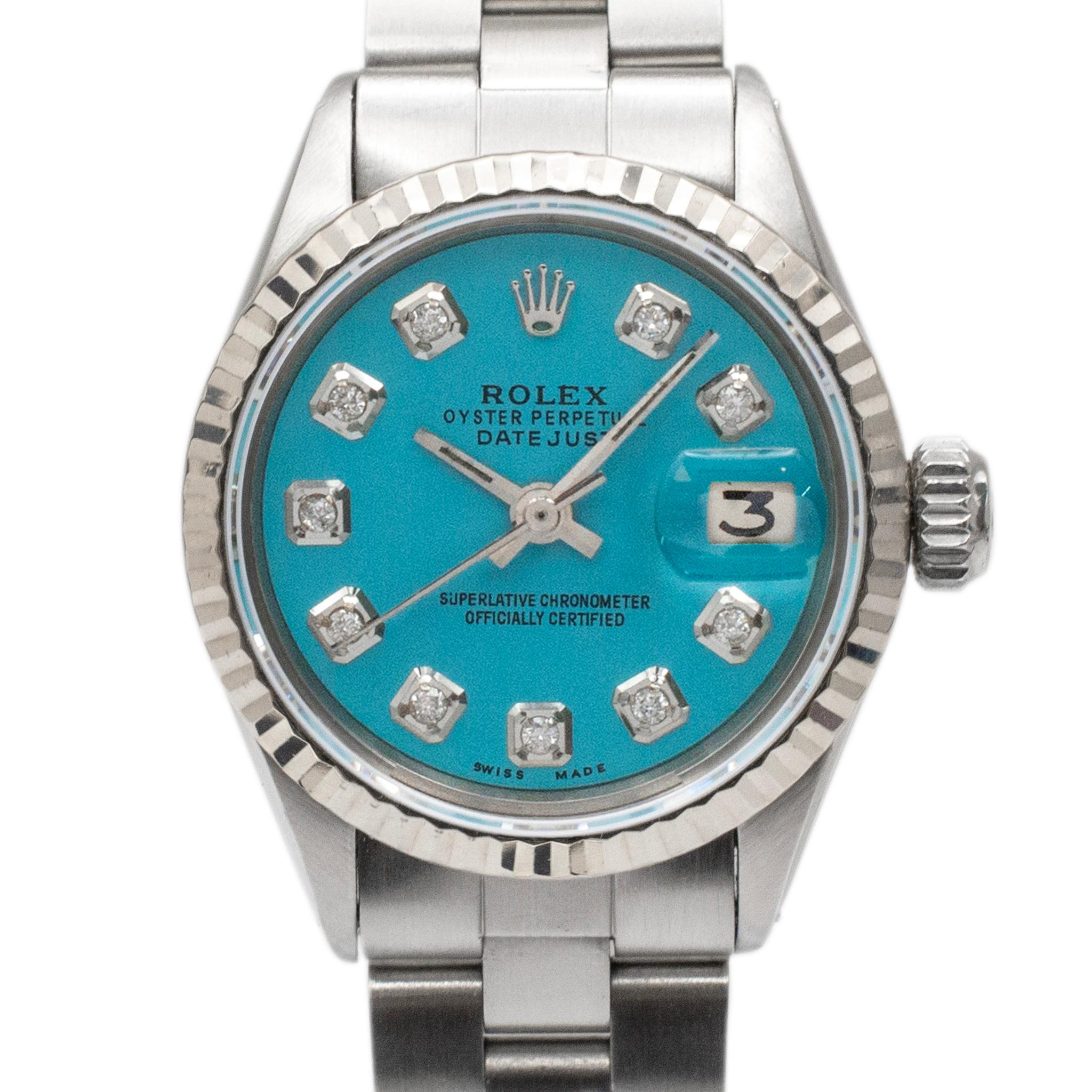 Brand: Rolex

Gender: Ladies

Metal Type: Stainless Steel

Diameter: 26.00 mm

Weight: 46.51 Grams

Ladies stainless steel diamond ROLEX Swiss made watch. The metal was tested and determined to be stainless steel. The 