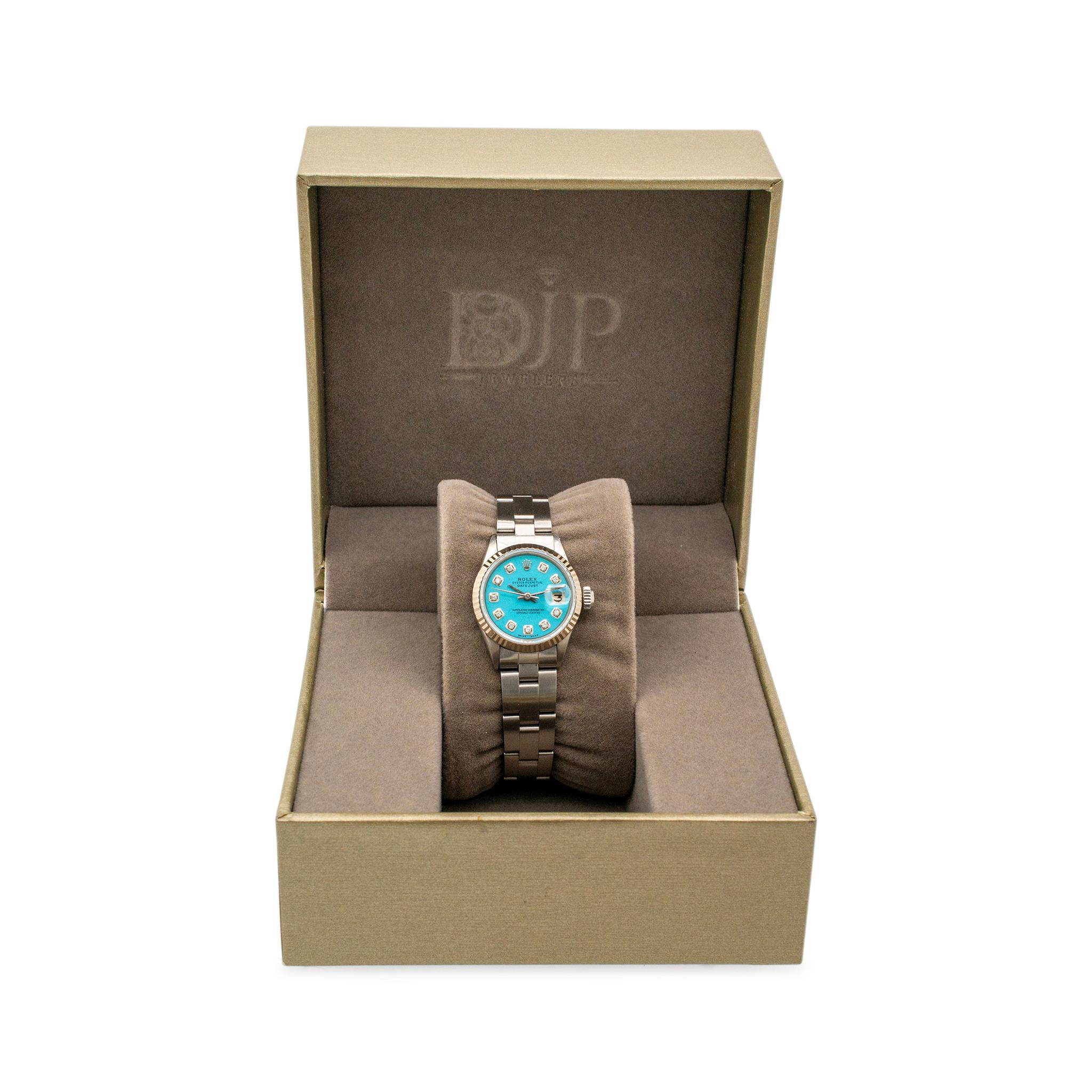 Round Cut Rolex Date 26MM 6516 Custom Turquoise Diamond Dial Stainless Steel Ladies Watch