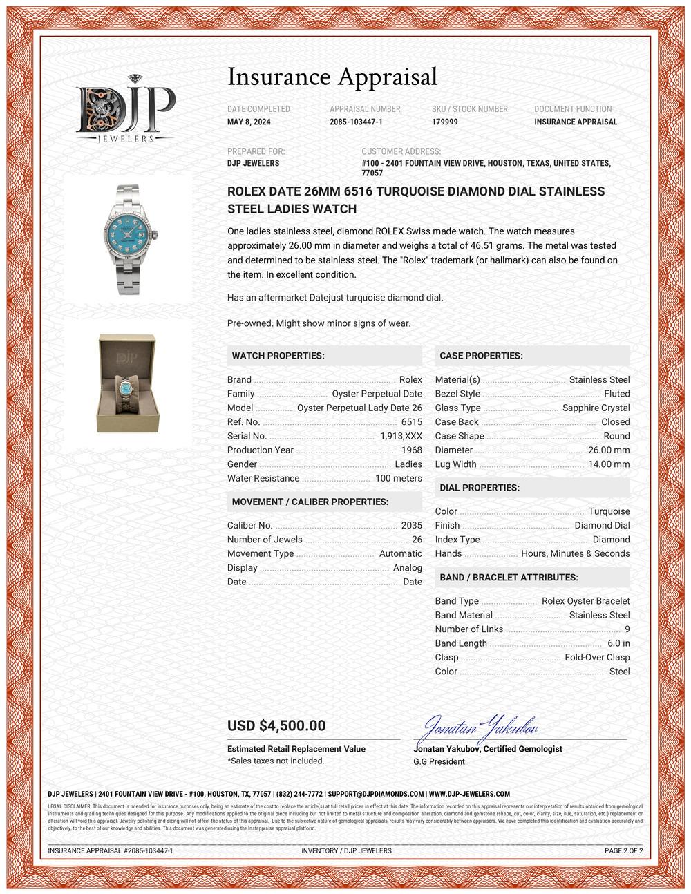 Women's Rolex Date 26MM 6516 Custom Turquoise Diamond Dial Stainless Steel Ladies Watch