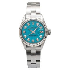 Rolex Date 26MM 6516 Custom Turquoise Diamond Dial Stainless Steel Ladies Watch
