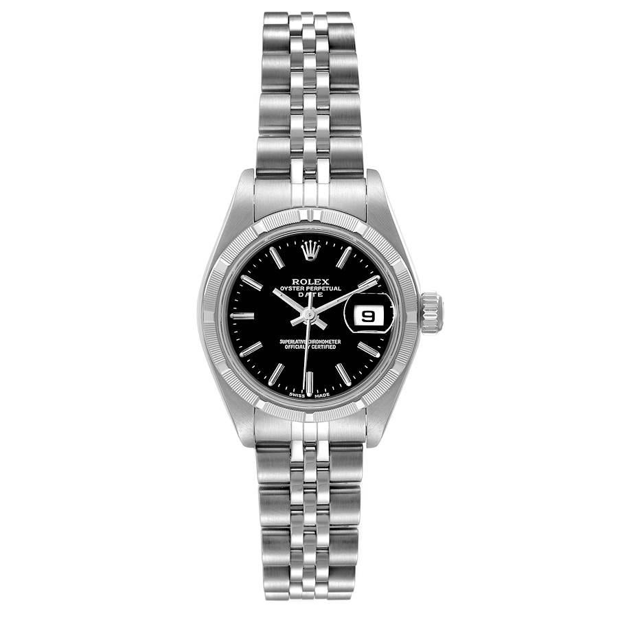 Rolex Date 26mm Stainless Steel Black Baton Dial Ladies Watch 79190. Officially certified chronometer self-winding movement. Stainless steel oyster case 25.0 mm in diameter. Rolex logo on a crown. Stainless steel engine turned bezel. Scratch