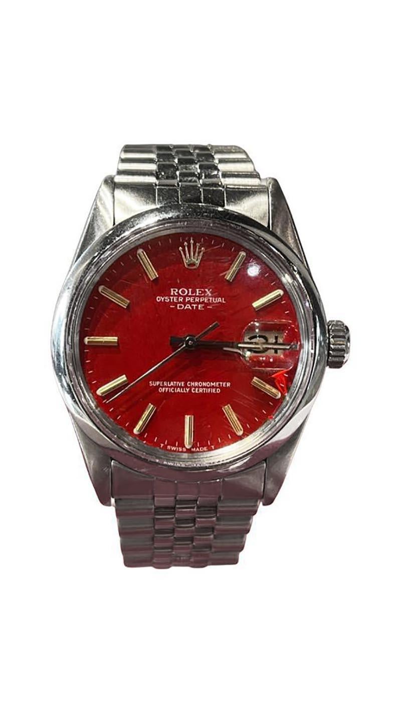 1980's Beautifully preserved Rolex Date on a Jubilee bracelet

Brand: Rolex 

Model Name: Date

Model Number: 15000

Movement: Automatic 

Case Size: 34 mm

Case Material:  Stainless Steel

Bezel: Stainless Steel

Dial: Red, with stick hour