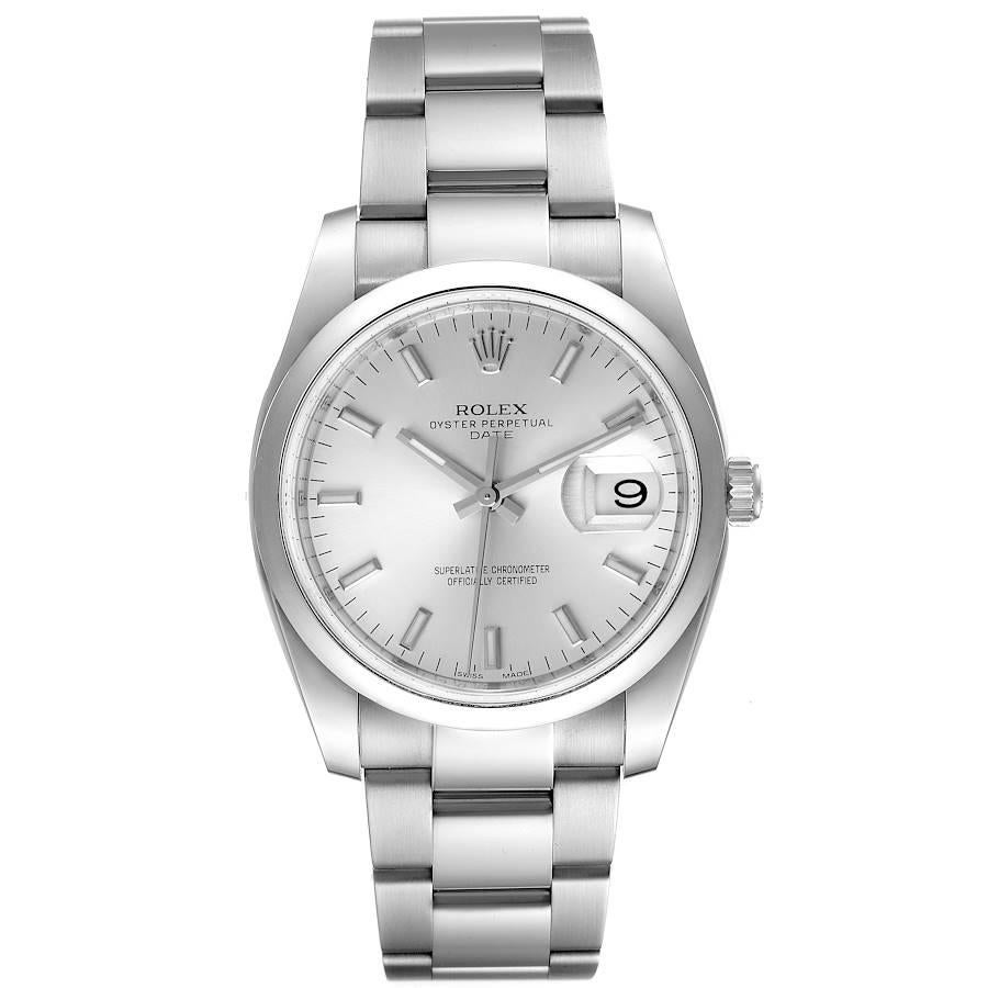 Rolex Date 34 Silver Baton Dial Stainless Steel Mens Watch 115200. Officially certified chronometer self-winding movement with quickset date. Stainless steel case 34 mm in diameter. Rolex logo on a crown. Stainless steel smooth bezel. Scratch