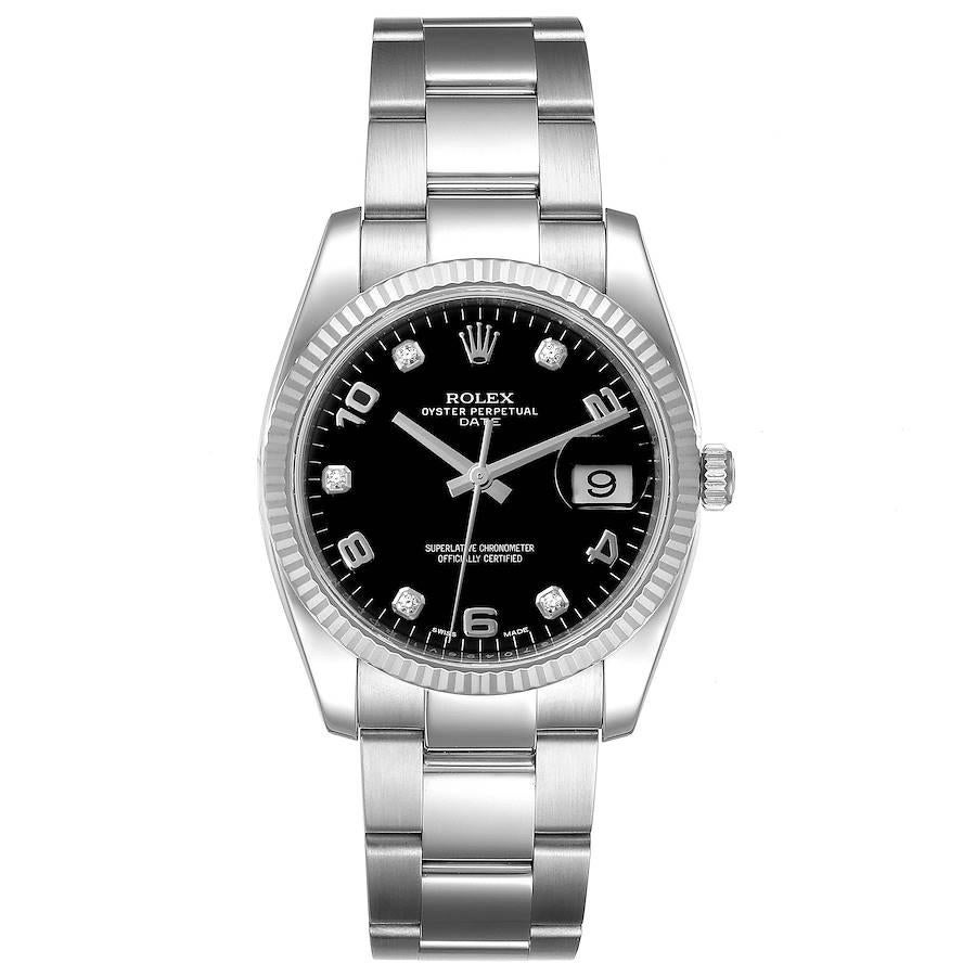 Rolex Date 34 Steel White Gold Black Diamond Dial Mens Watch 115234. Officially certified chronometer self-winding movement with quickset date. Stainless steel case 34 mm in diameter. High polished lugs. Rolex logo on a crown. 18K white gold fluted