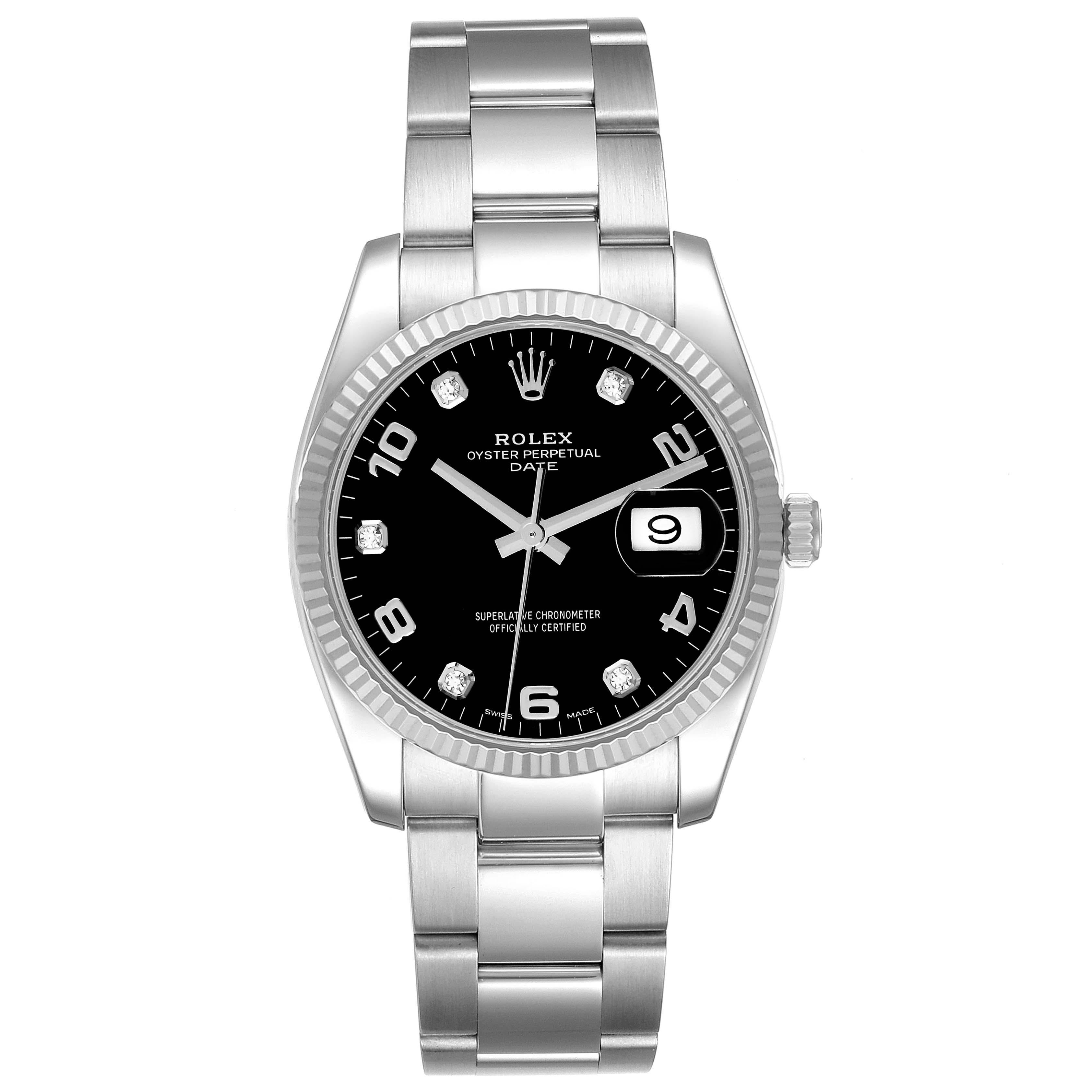 Rolex Date 34 Steel White Gold Black Diamond Dial Mens Watch 115234 5
