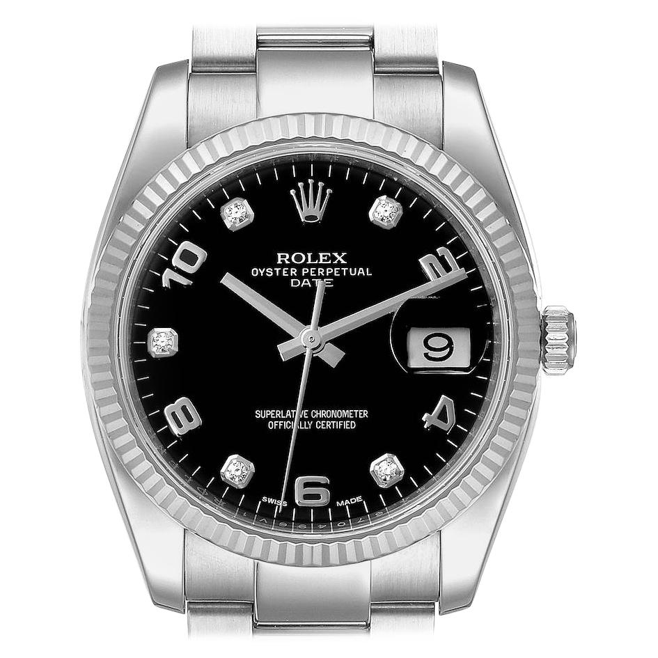 Rolex Date 34 Steel White Gold Black Diamond Dial Mens Watch 115234 For Sale