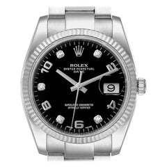 Rolex Date 34 Steel White Gold Black Diamond Dial Mens Watch 115234
