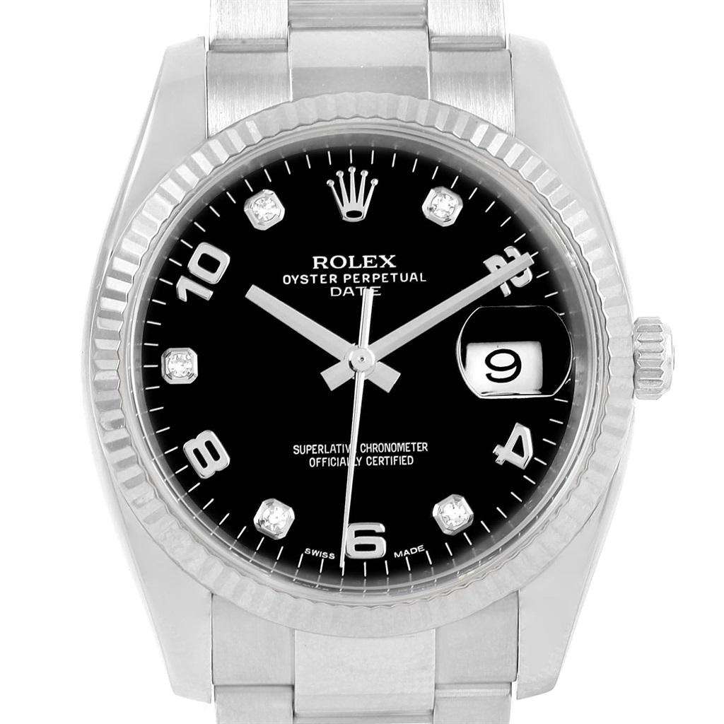 Rolex Date 34 Steel White Gold Black Diamond Dial Men's Watch 115234 ...