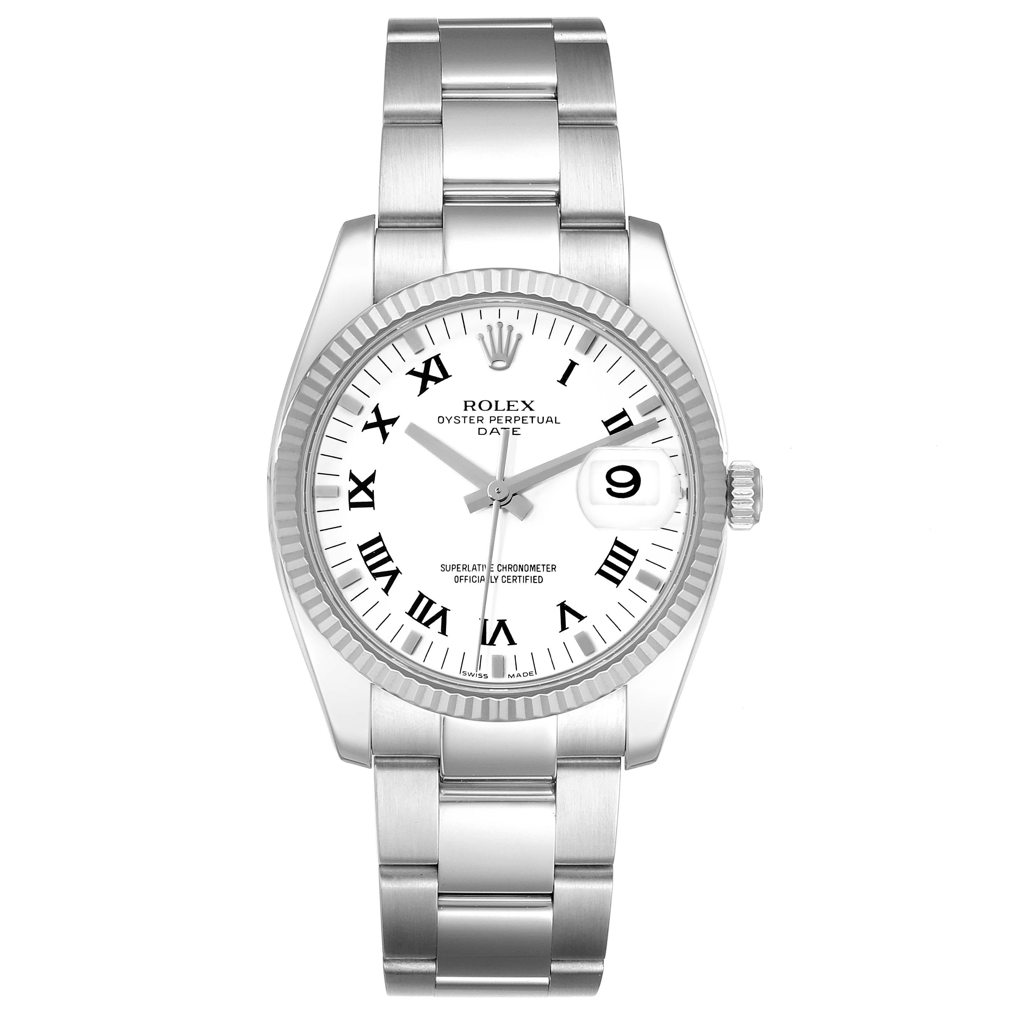 Rolex Date 34 Steel White Gold Roman Dial Mens Watch 115234. Officially certified chronometer self-winding movement with quickset date. Stainless steel case 34 mm in diameter. High polished lugs. Rolex logo on a crown. 18K white gold fluted bezel.