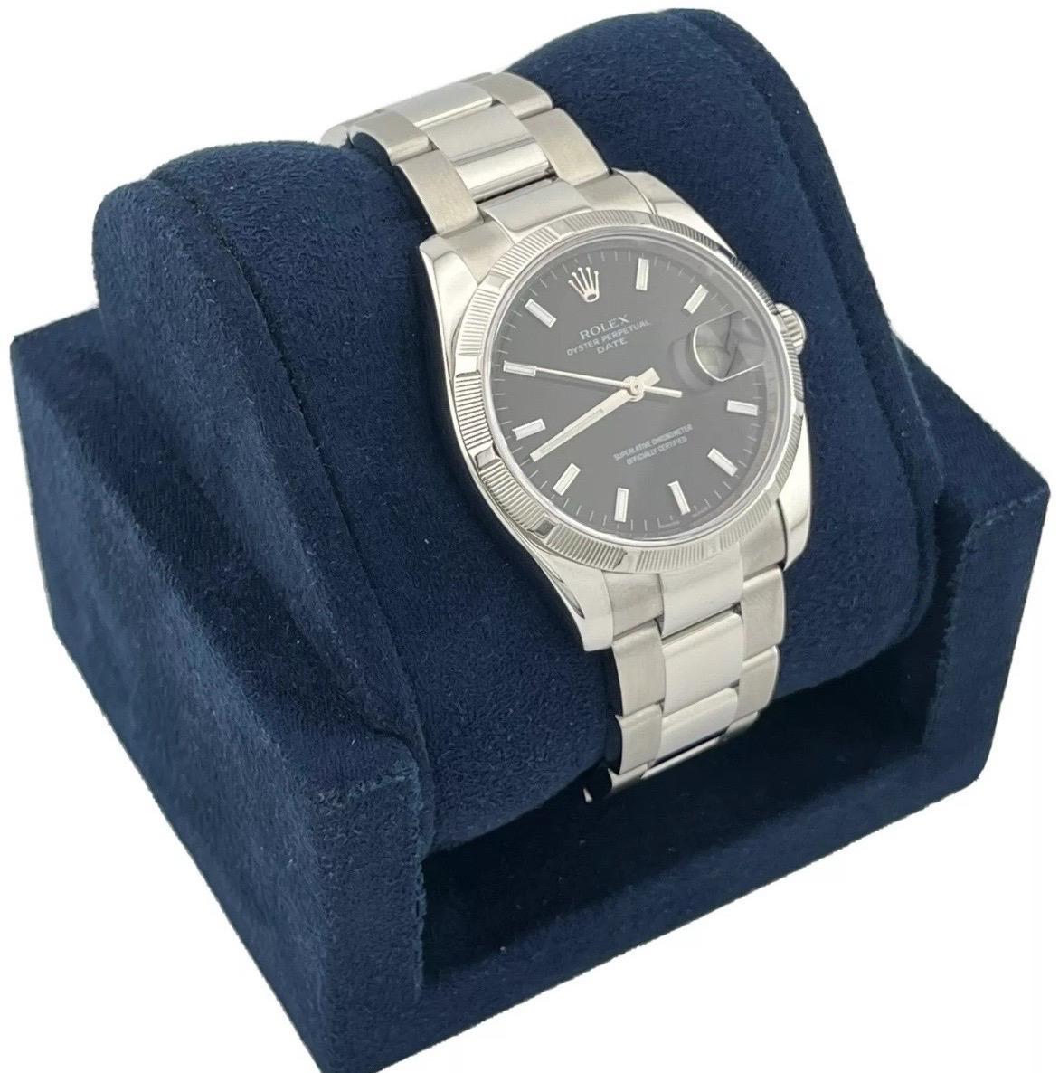 Understated elegance meets everyday versatility in the Rolex Date Ref. 115210, a refined timepiece that offers timeless Rolex craftsmanship in a sleek and wearable size. The 34mm case is crafted from durable stainless steel and features an