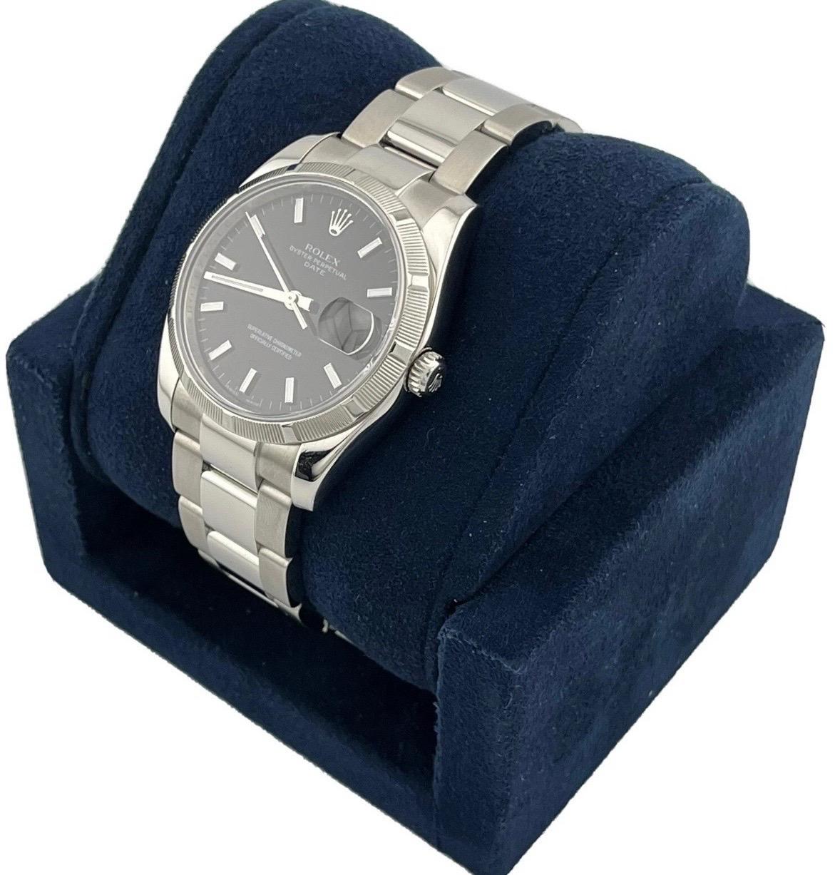 Rolex Date 34mm Black Dial Oyster Bracelet Stainless Steel Watch 115210 In Good Condition For Sale In Boca Raton, FL