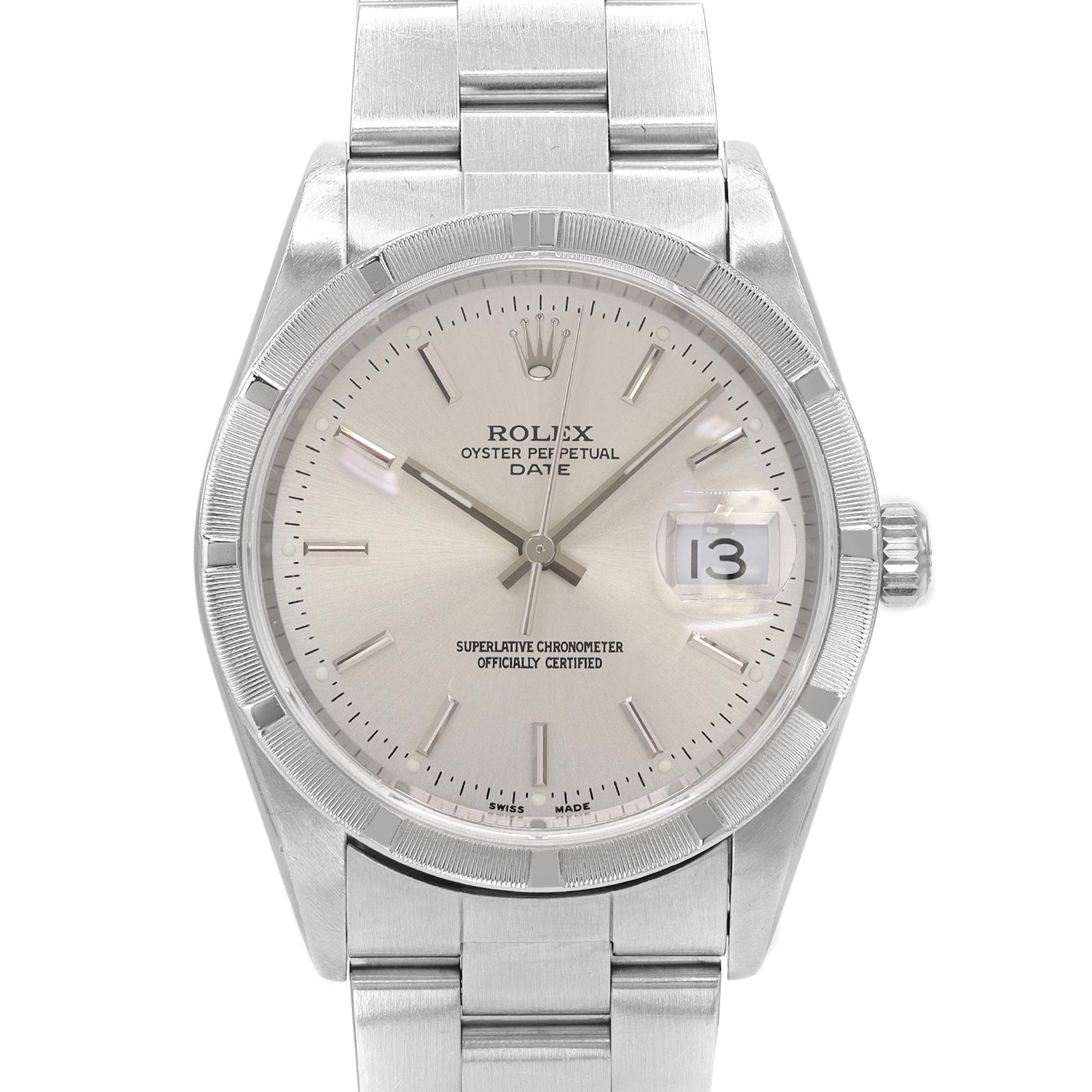 This Pre-owned Rolex Date 34mm Engine Turned Steel Silver Dial Automatic Unisex Watch 1521. This Beautiful Unisex timepiece is powered by an automatic movement that is cased in a stainless steel case. It has a round shape face, Date dial, and stick