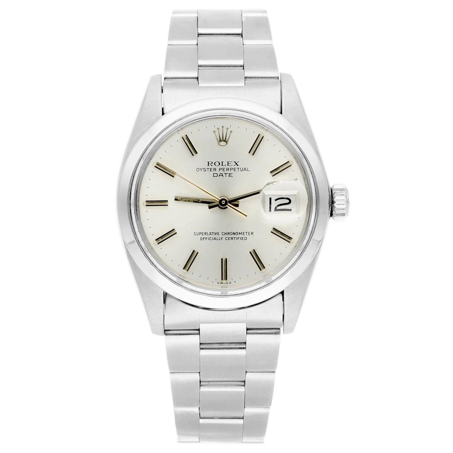 Rolex Date 34mm Edelstahl Silber Zifferblatt Vintage Watch 1500 CIRCA 1979.

Diese Uhr wurde professionell poliert und ist in einem ausgezeichneten Gesamtzustand. Es gibt absolut keine sichtbaren Kratzer oder Schönheitsfehler. Die Echtheit der Uhr