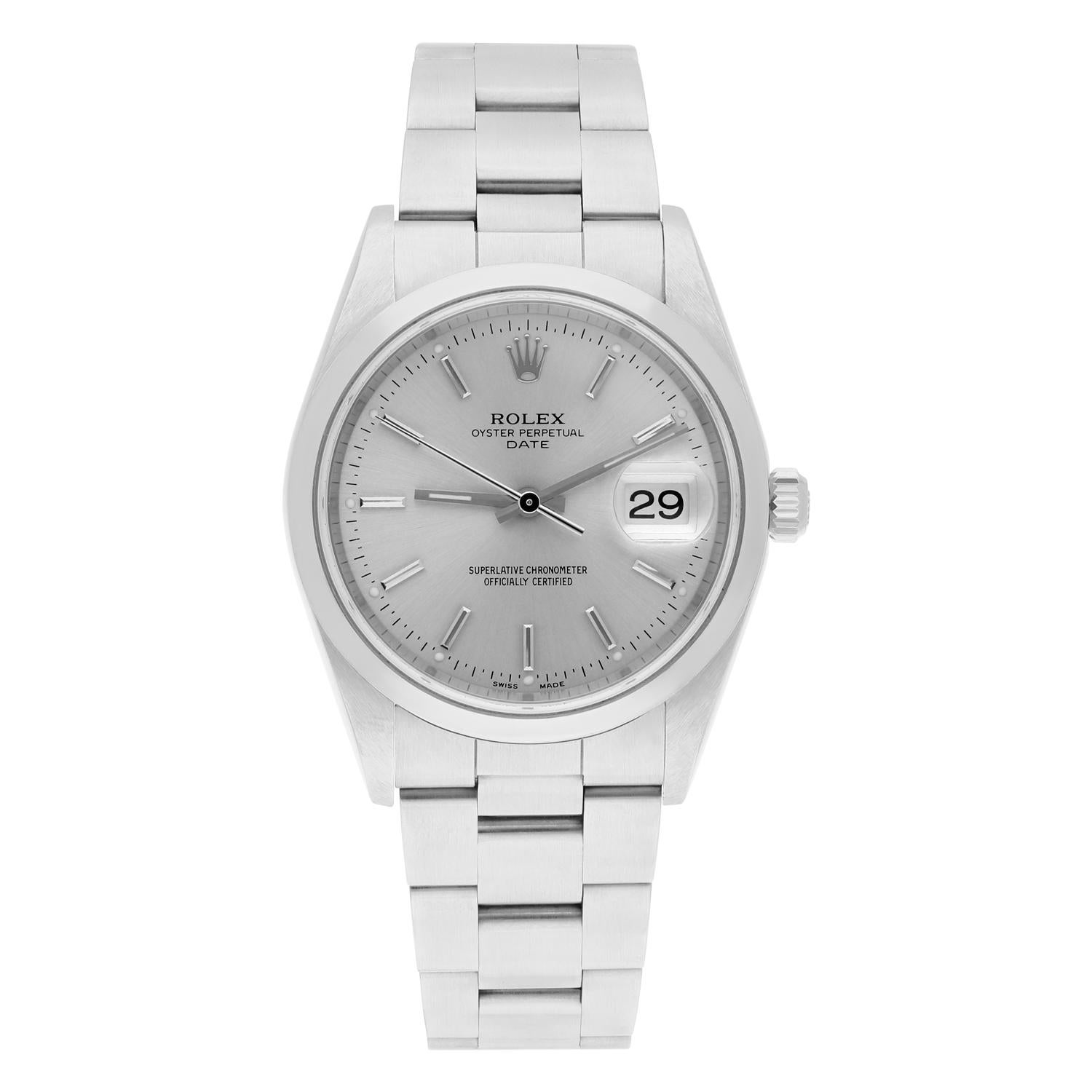 Rolex Date 34mm Stainless Steel Watch Oyster Band Silver Dial Circa 2001 15200

Watch has been professionally polished, serviced and does not have any visible scratches or blemishes. Authenticity guaranteed! The sale comes with a jewelry box and