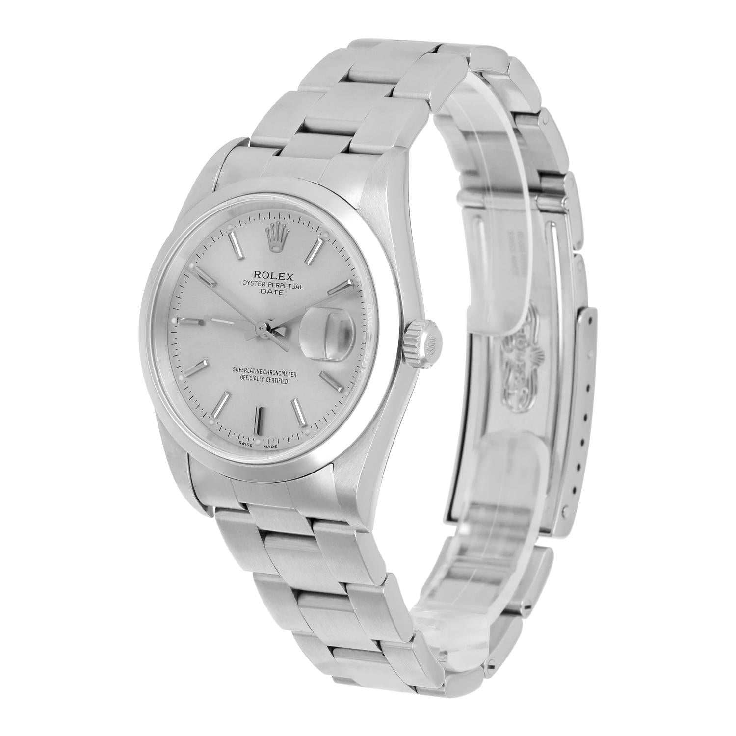 Women's or Men's Rolex Date 34mm Stainless Steel Watch Oyster Band Silver Dial Circa 2001 15200 For Sale