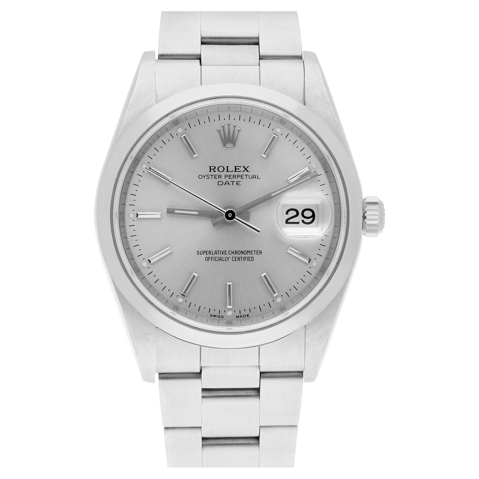 Rolex Date 34mm Stainless Steel Watch Oyster Band Silver Dial Circa 2001 15200 For Sale