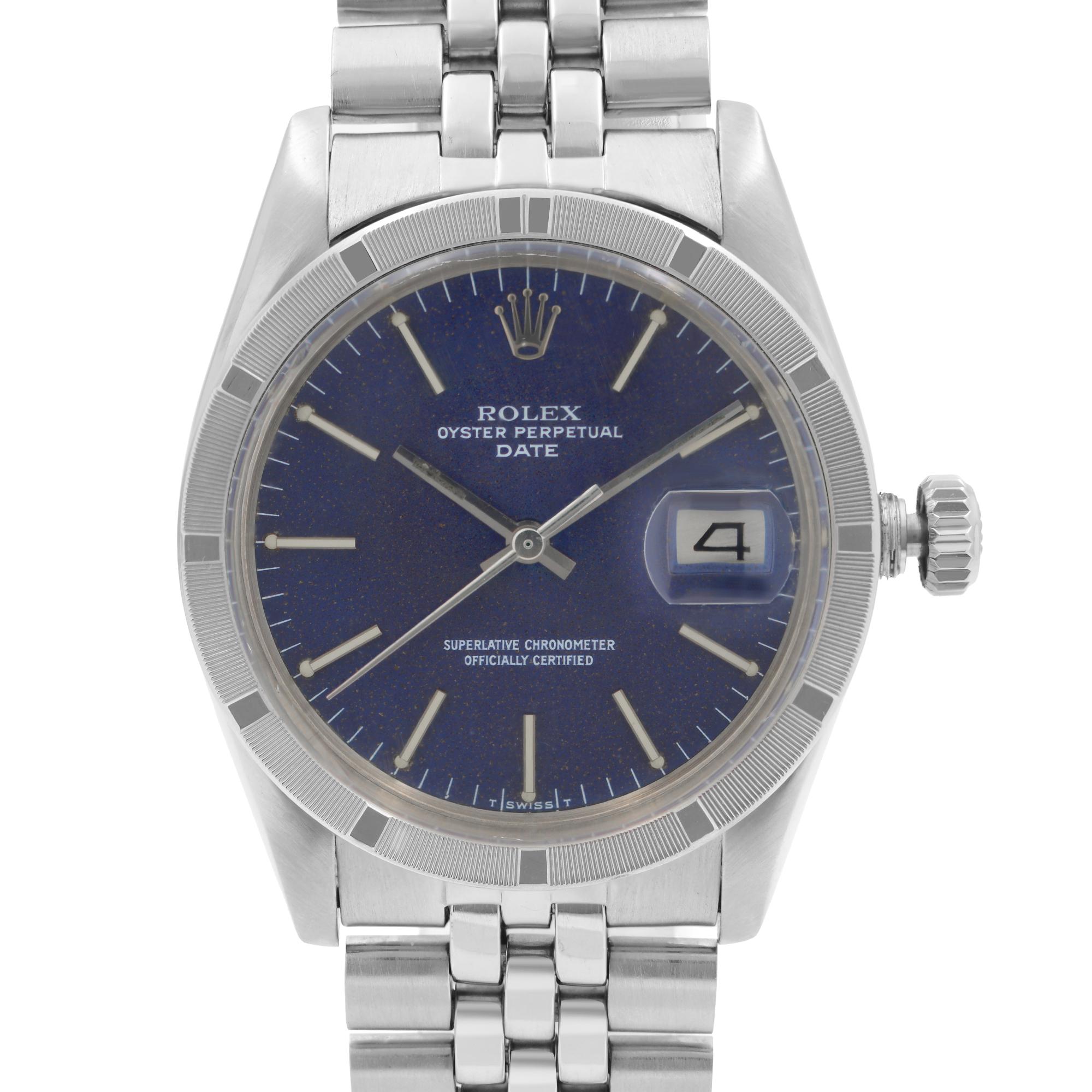 Pre Owned Rolex Date 34mm Steel Engine Turned Bezel Blue Dial Automatic Men's Watch 1501. The watch was produced In 1978. Band Has Heavy Moderate Slack.  No Original Box and Papers are Included. Comes with Chronostore Presentation Box and