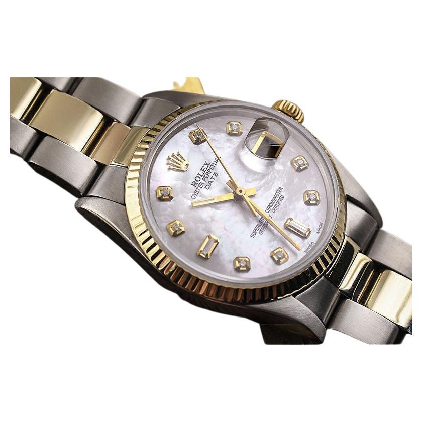 Rolex Date White Mother of Pearl 8+2 Diamond Accent Dial 2 Tone Oyster Band For Sale