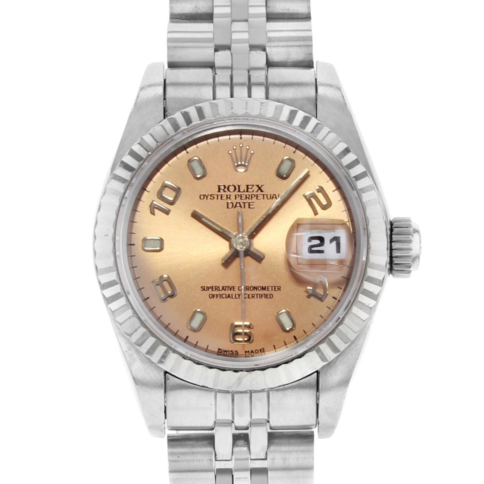 (20003)
This pre-owned Rolex Date 69174 is a beautiful Ladies timepiece that is powered by automatic movement which is cased in a stainless steel case. It has a round shape face, date dial and has hand sticks & numerals style markers. It is