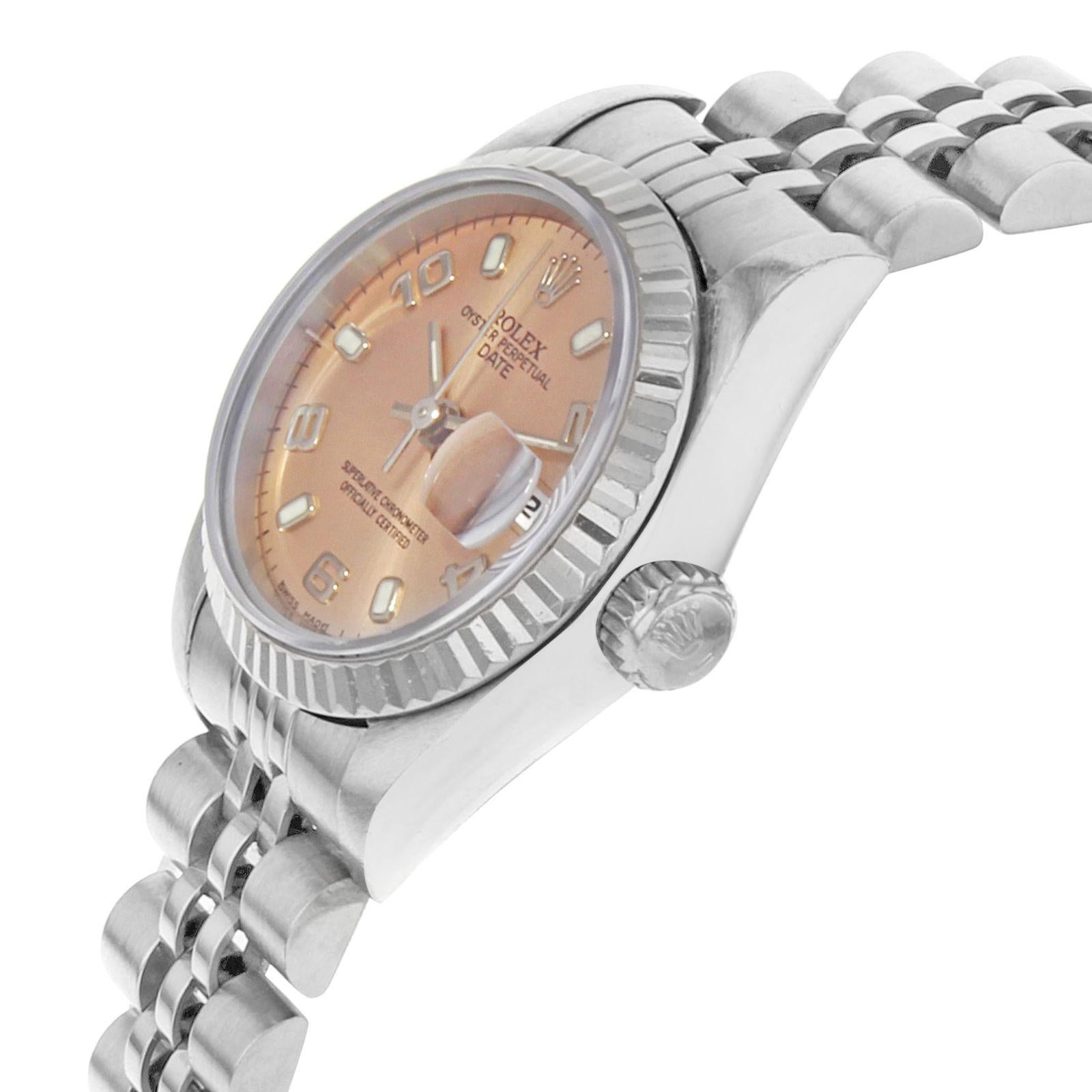 Rolex Date 69174 Salmon Dial 1995 Fluted White Gold Steel Automatic Ladies Watch In Good Condition In New York, NY