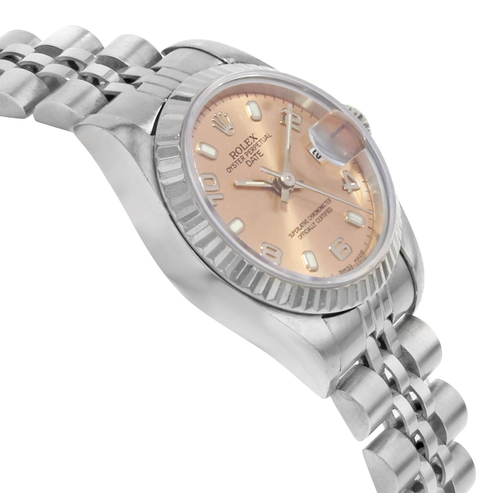 Women's Rolex Date 69174 Salmon Dial 1995 Fluted White Gold Steel Automatic Ladies Watch
