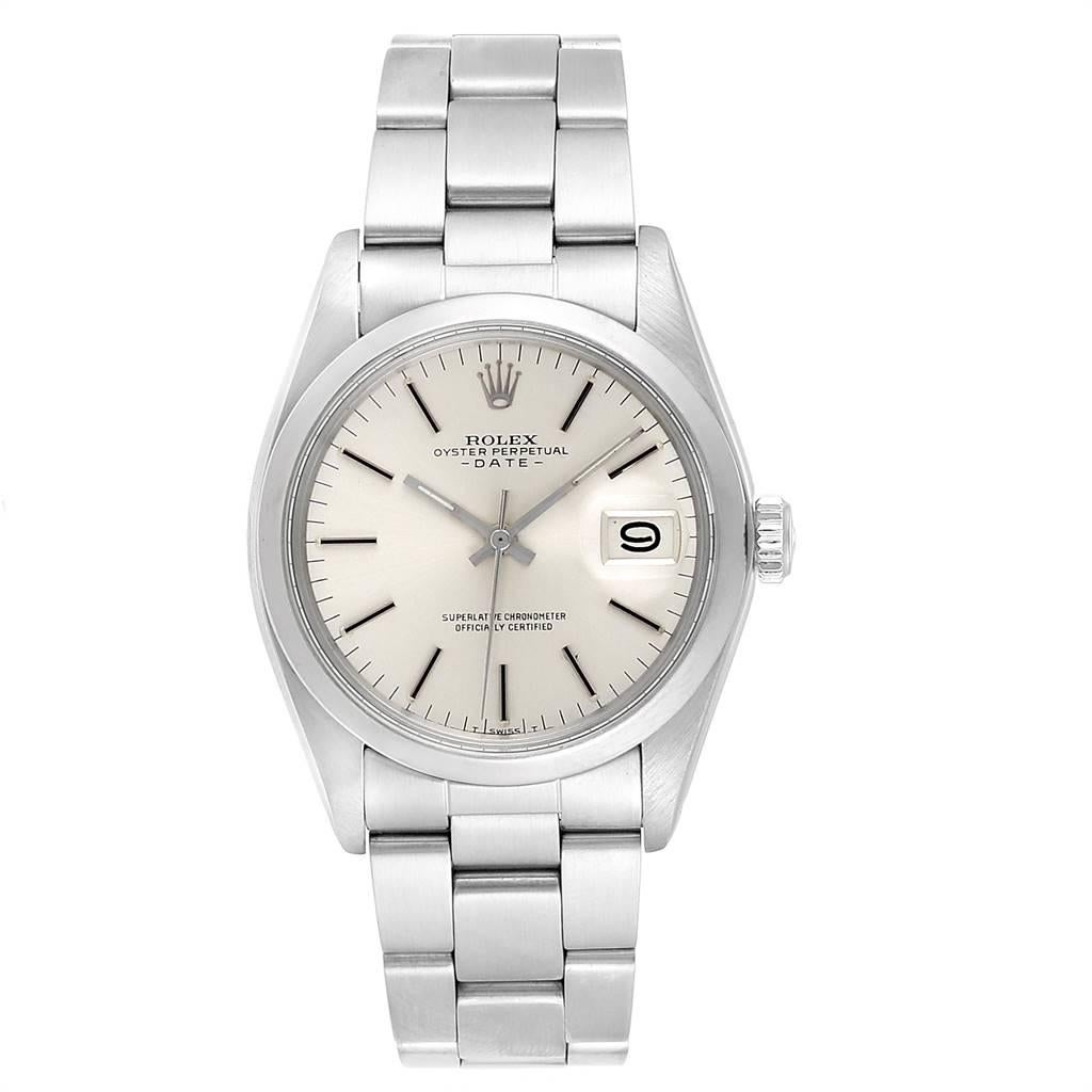 Rolex Date Automatic Stainless Steel Vintage Mens Watch 1500. Officially certified chronometer self-winding movement. Stainless steel oyster case 35.0 mm in diameter. Rolex logo on a crown. Stainless steel smooth domed bezel. Acrylic crystal with