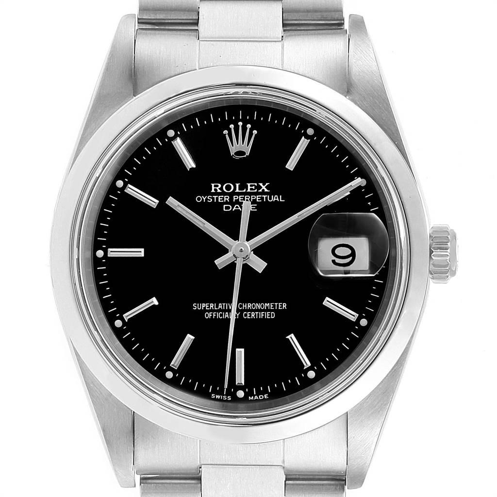 Rolex Date Black Dial Domed Bezel Steel Mens Watch 15200. Officially certified chronometer self-winding movement. Stainless steel oyster case 34.0 mm in diameter. Rolex logo on a crown. Stainless steel smooth domed bezel. Scratch resistant sapphire