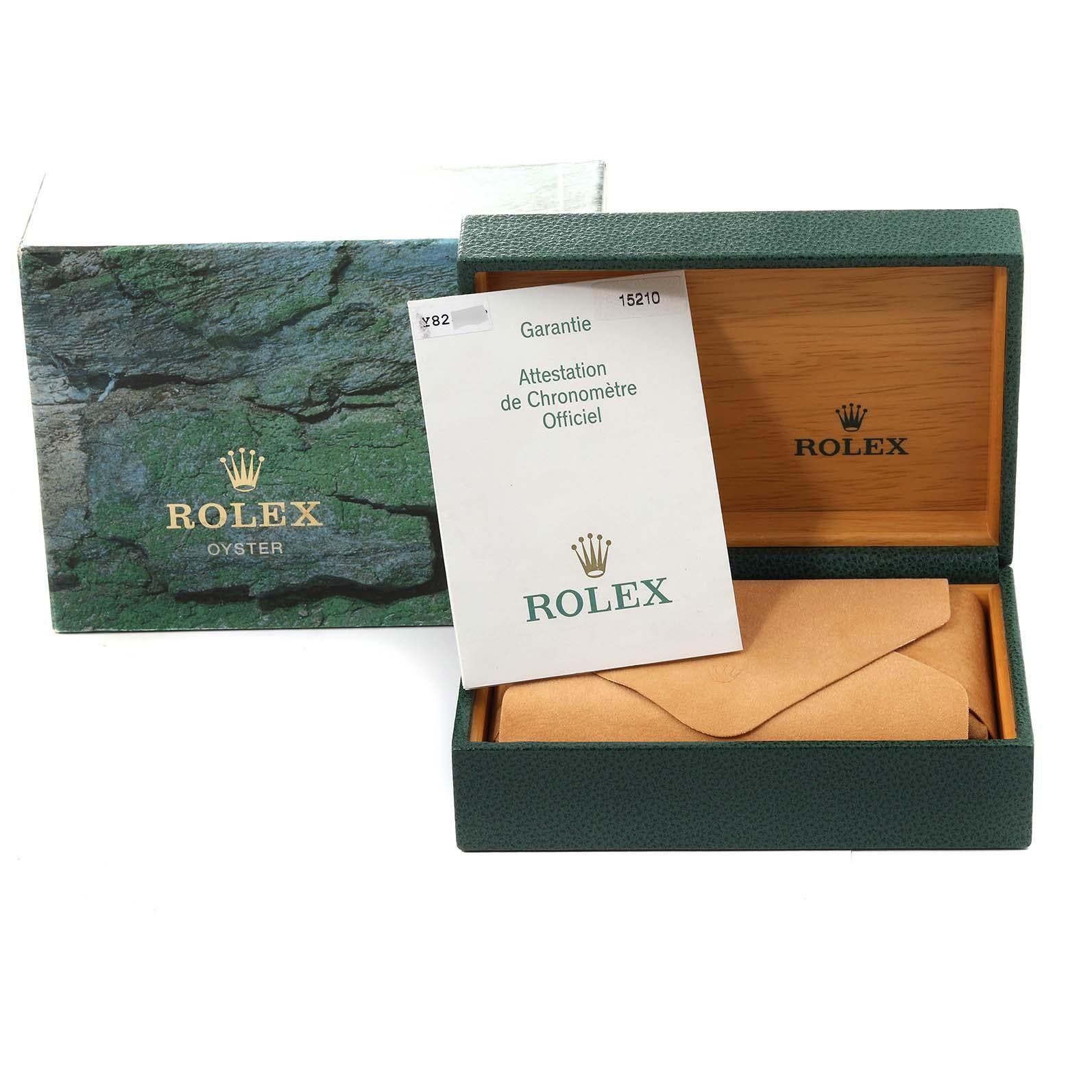 Rolex Date Black Dial Engine Turned Bezel Steel Mens Watch 15210 Box Papers 5