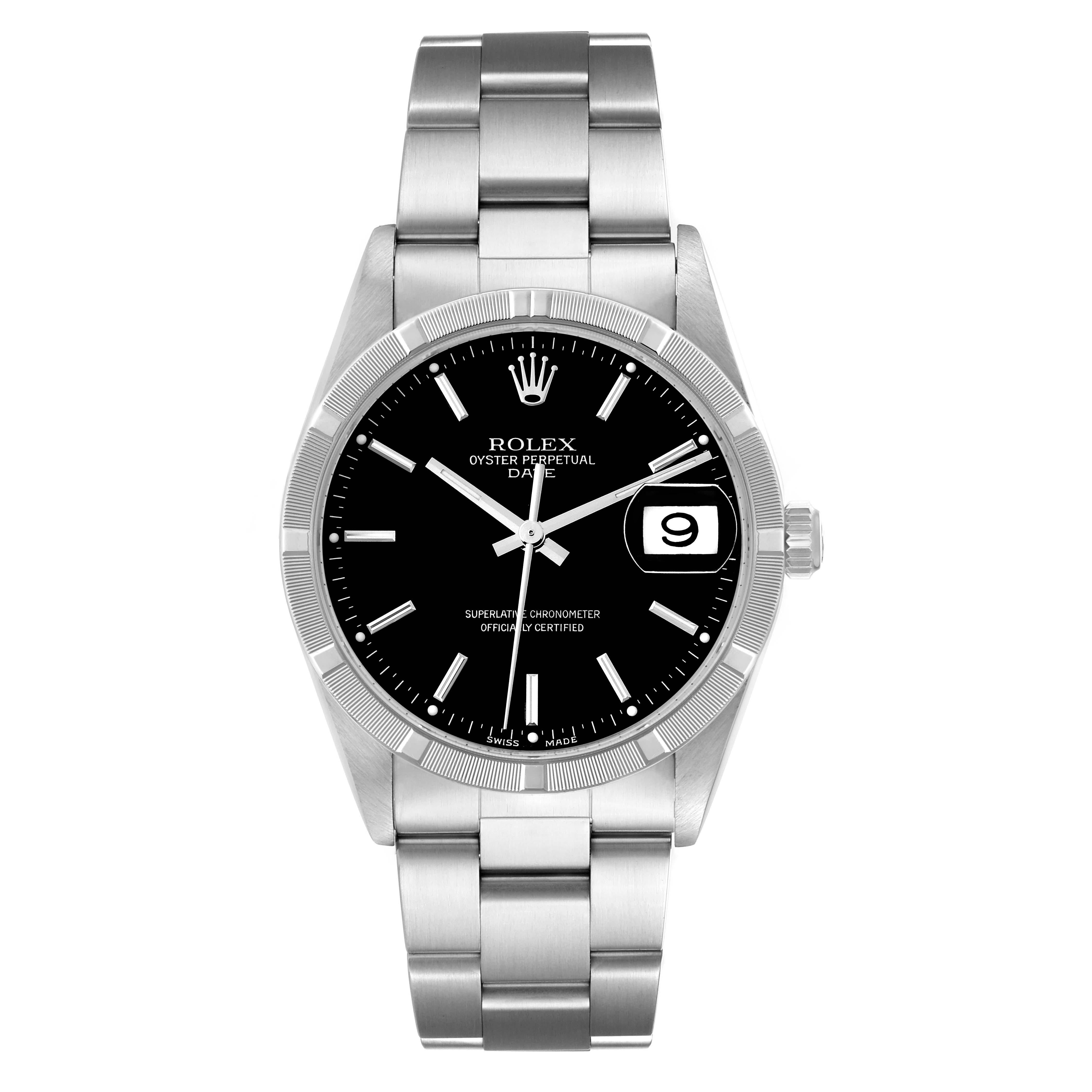 Rolex Date Black Dial Engine Turned Bezel Steel Mens Watch 15210 Box Papers. Officially certified chronometer automatic self-winding movement. Stainless steel oyster case 34 mm in diameter. Rolex logo on the crown. Stainless steel engine turned