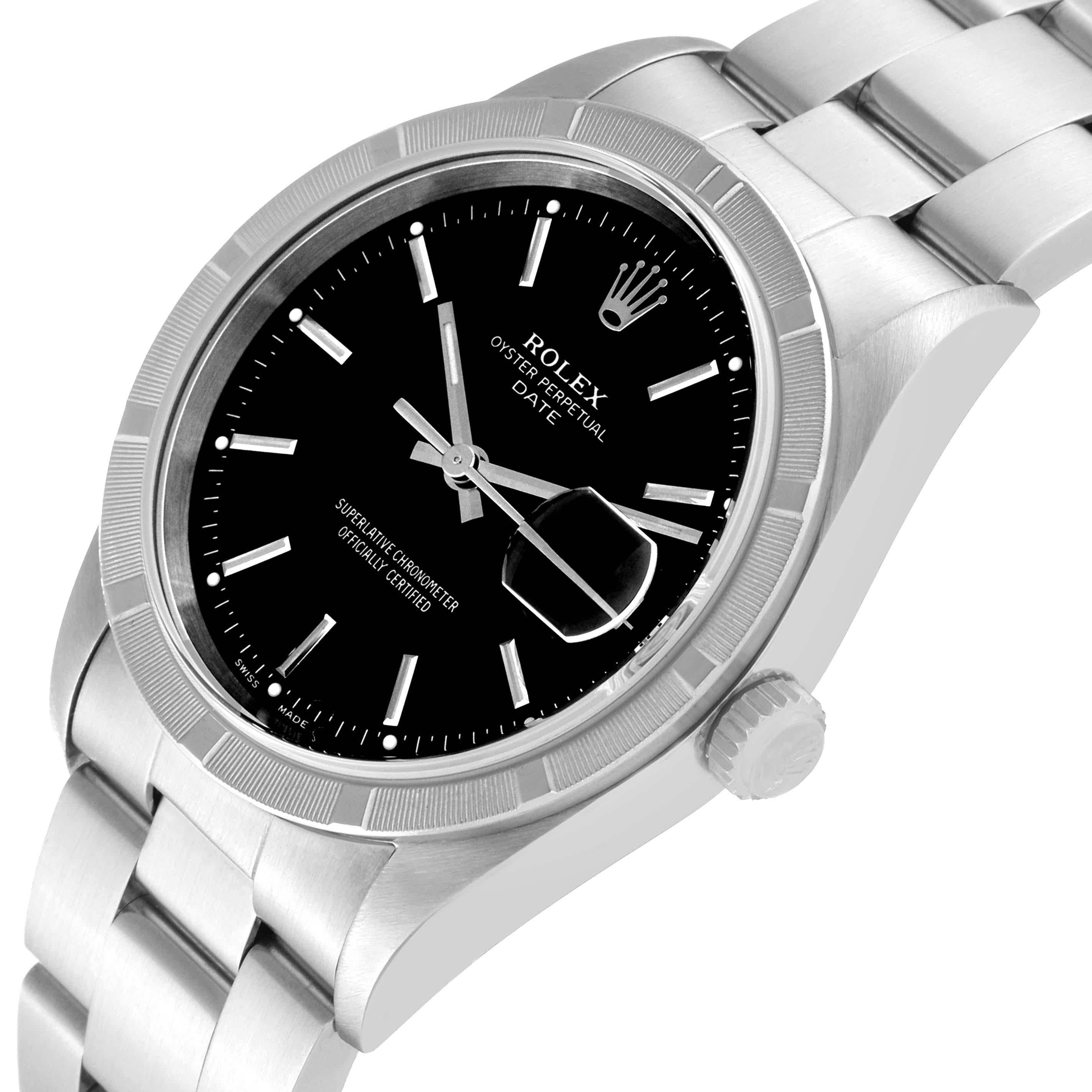 Rolex Date Black Dial Engine Turned Bezel Steel Mens Watch 15210 Box Papers For Sale 4