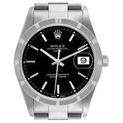 Rolex Date Black Dial Engine Turned Bezel Steel Mens Watch 15210 Box Papers