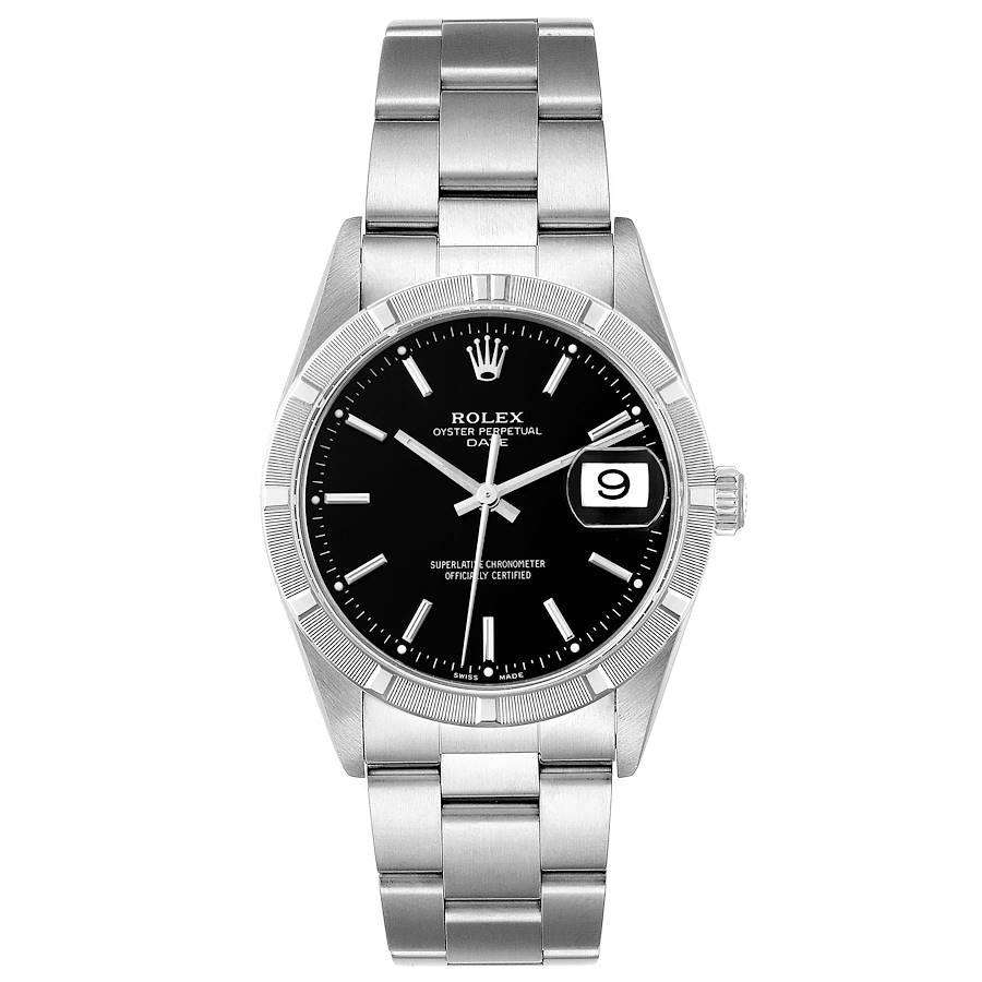 Rolex Date Black Dial Engine-Turned Bezel Steel Mens Watch 15210. Officially certified chronometer self-winding movement. Stainless steel oyster case 34 mm in diameter. Rolex logo on the crown. Stainless steel engine turned bezel. Scratch resistant