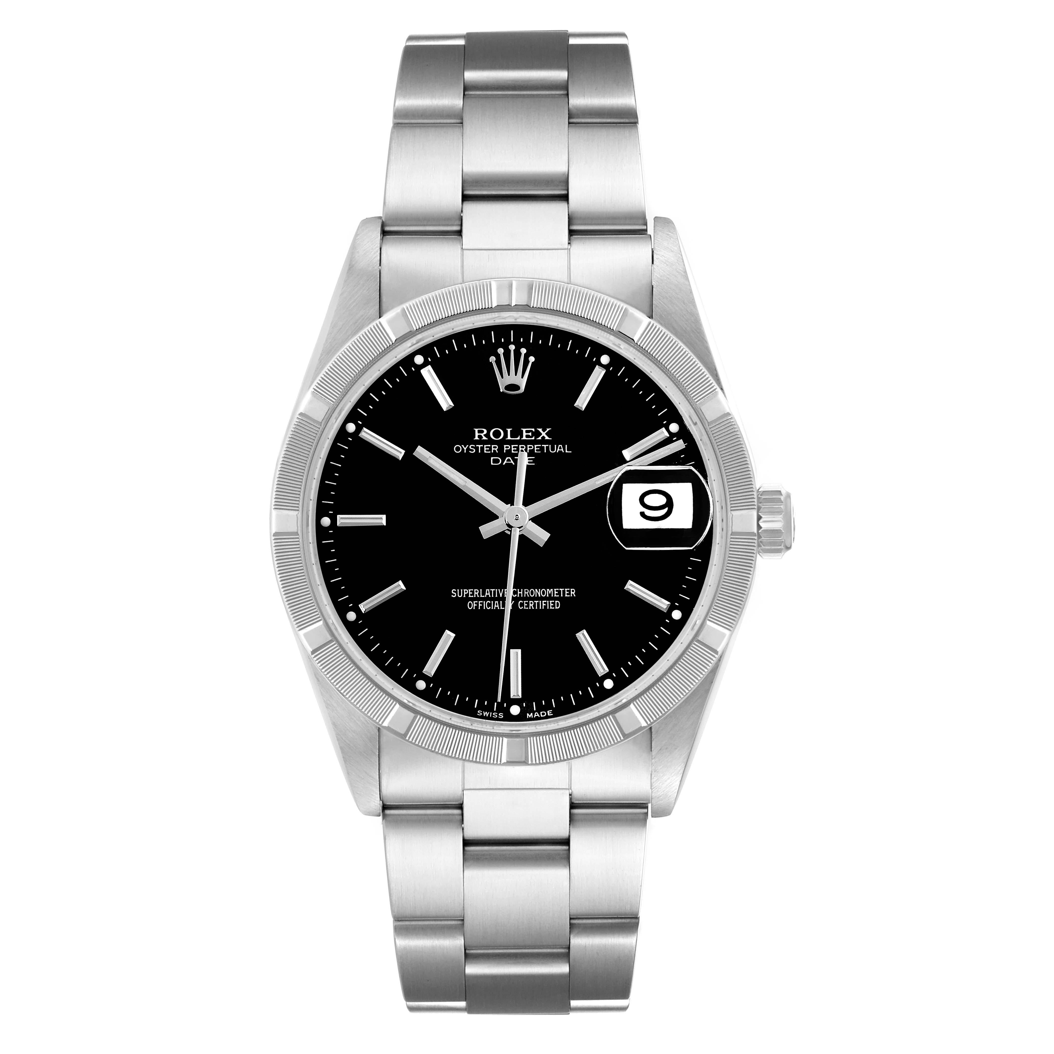 Rolex Date Black Dial Engine Turned Bezel Steel Mens Watch 15210. Officially certified chronometer automatic self-winding movement. Stainless steel oyster case 34 mm in diameter. Rolex logo on the crown. Stainless steel engine turned bezel. Scratch
