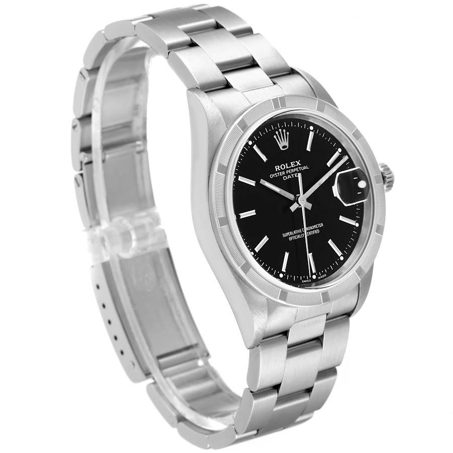 Rolex Date Black Dial Engine-Turned Bezel Steel Mens Watch 15210 In Excellent Condition In Atlanta, GA
