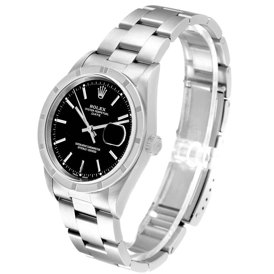Men's Rolex Date Black Dial Engine-Turned Bezel Steel Mens Watch 15210