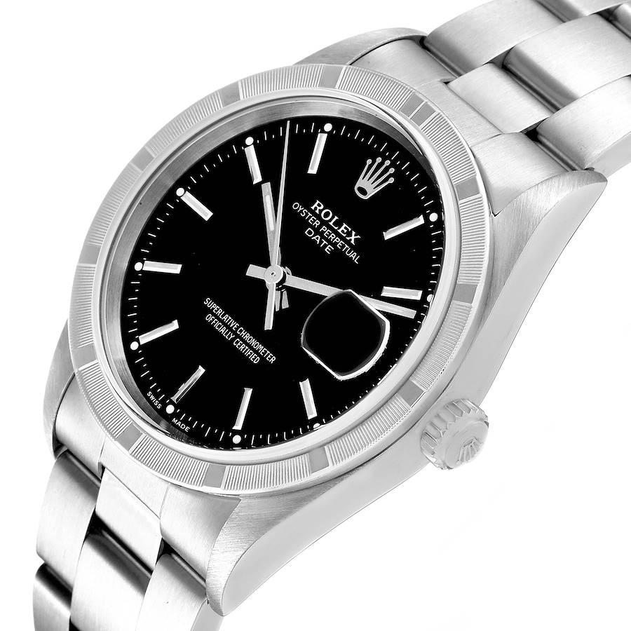 Rolex Date Black Dial Engine-Turned Bezel Steel Mens Watch 15210 1