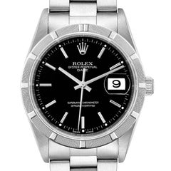 Rolex Date Black Dial Engine-Turned Bezel Steel Mens Watch 15210