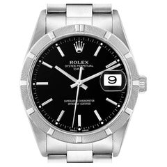 Rolex Date Black Dial Engine-Turned Bezel Steel Mens Watch 15210