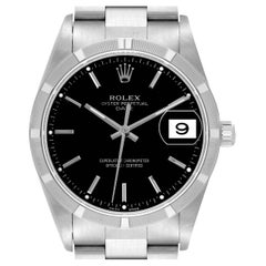 Rolex Date Black Dial Engine Turned Bezel Steel Mens Watch 15210