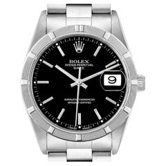 Rolex Date Black Dial Engine Turned Bezel Steel Mens Watch 15210 Papers