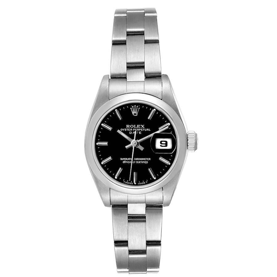 Rolex Date Black Dial Oyster Bracelet Steel Ladies Watch 69160. Officially certified chronometer self-winding movement. Stainless steel oyster case 26.0 mm in diameter. Rolex logo on a crown. Stainless steel smooth bezel. Scratch resistant sapphire