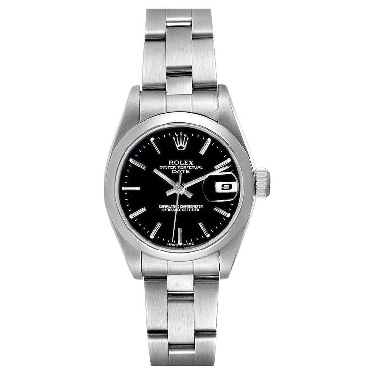 Rolex Damenuhr aus Stahl mit schwarzem Zifferblatt und Oyster-Armband,  69160 im Angebot bei 1stDibs
