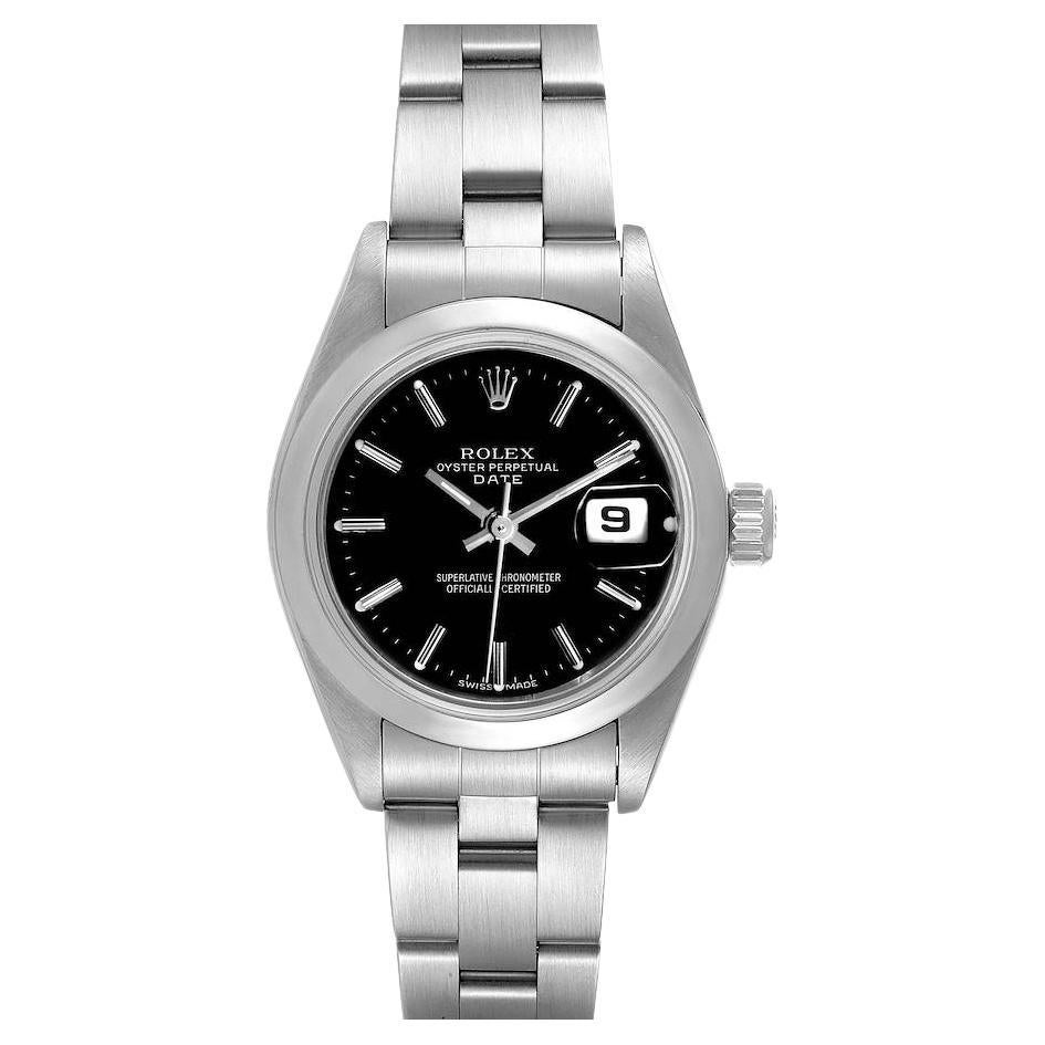 Rolex Montre pour femme Date à cadran noir et bracelet huîtres en acier 79160