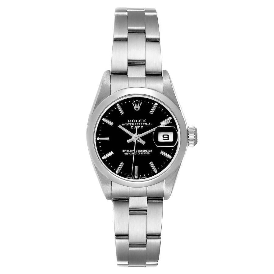 Rolex Date Black Dial Oyster Bracelet Steel Ladies Watch 79160 Papers. Officially certified chronometer self-winding movement. Stainless steel oyster case 25.0 mm in diameter. Rolex logo on a crown. Stainless steel smooth bezel. Scratch resistant