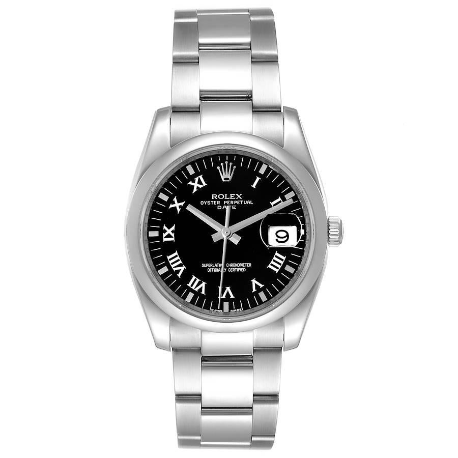 Rolex Date Black Dial Oyster Bracelet Steel Mens Watch 115200 Box Card. Mouvement à remontage automatique certifié officiellement chronomètre. Boîtier en acier inoxydable de 34.0 mm de diamètre. Logo Rolex sur une couronne. Lunette bombée lisse en