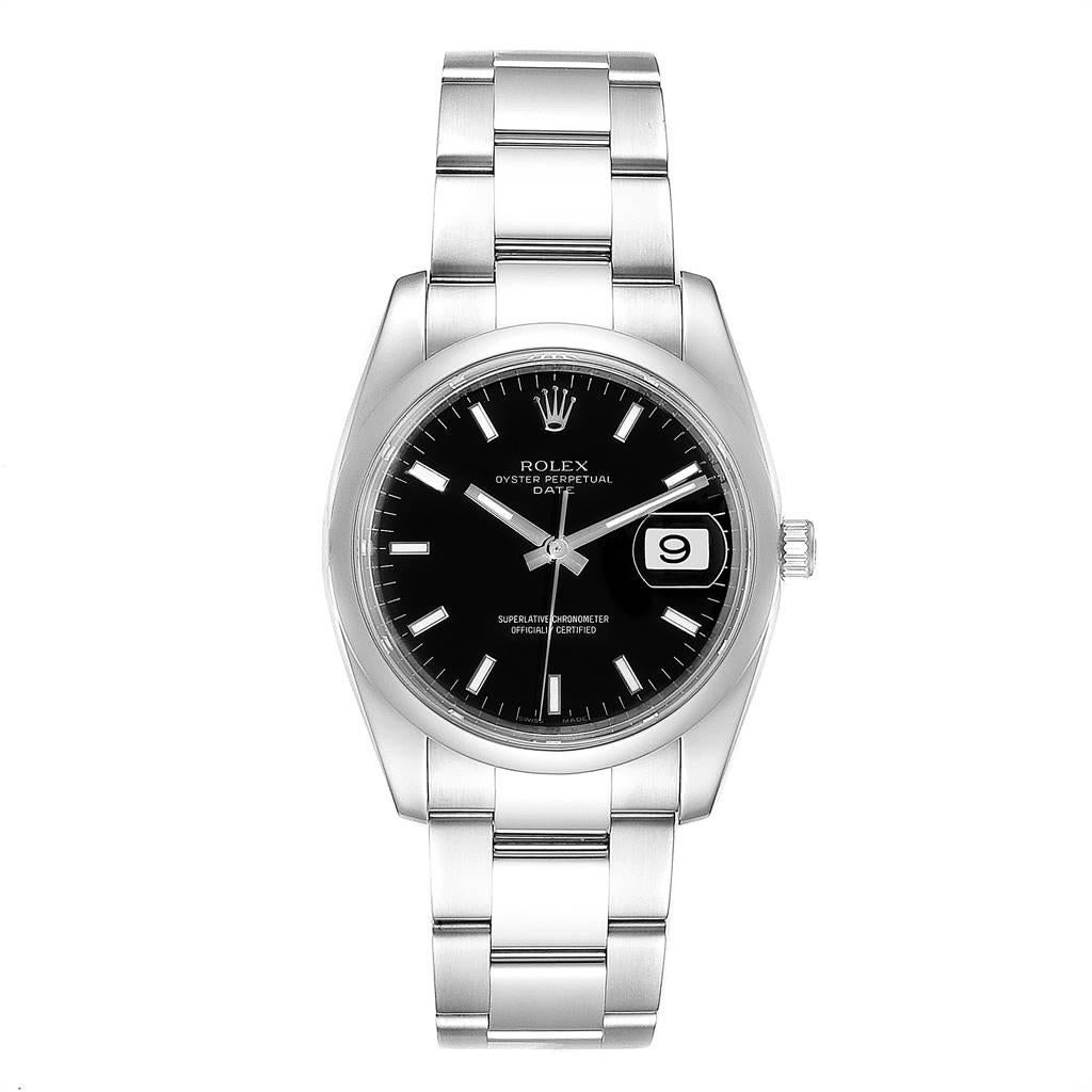 Rolex Date Black Dial Oyster Bracelet Steel Mens Watch 115200. Officially certified chronometer automatic self-winding movement. Stainless steel case 34.0 mm in diameter. High polished lugs. Rolex logo on a crown. Stainless steel smooth bezel.